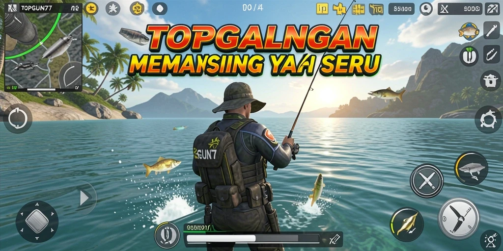 Screenshot gameplay TOPGUN77 menampilkan aksi seru memancing ikan.