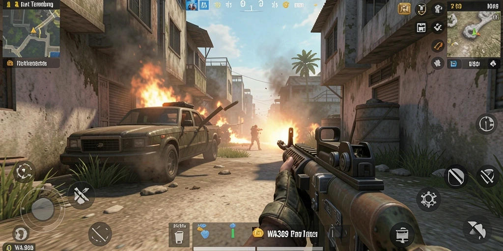 Tangkapan layar dari gameplay intens WA369 di medan perang FPS.